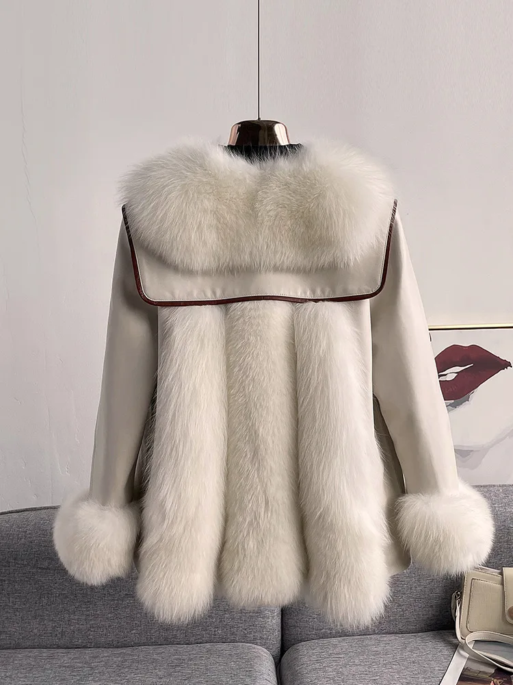 High-End Imported Fox Fur Fur Coat Women's Mid-Length Haining New Sailor Collar Sheepskin down Jacket Coat