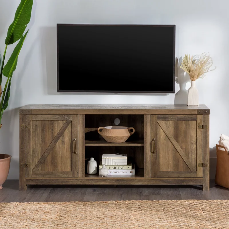 

Woven Paths Modern Farmhouse Barn Door TV Stand for TVs up to 65", Reclaimed Barnwood furniture living room tv stand