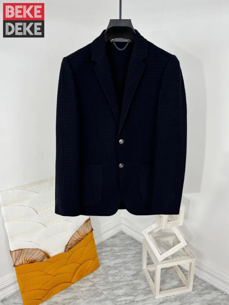 

Дизайнерский клетчатый вязаный мужской пиджак, Осень-зима, приталенный силуэт, однотонный винтажный Роскошный Блейзер, деловой мужской пов...