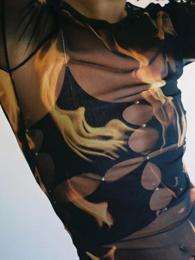 Женские футболки с рисунком огня сексуальные топы Просвечивающая эстетичная