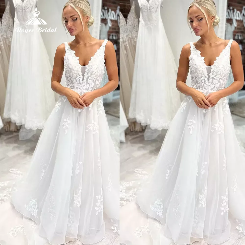 Свадебное платье Roycebridal с V-образным вырезом Пляжная аппликация из органзы длина