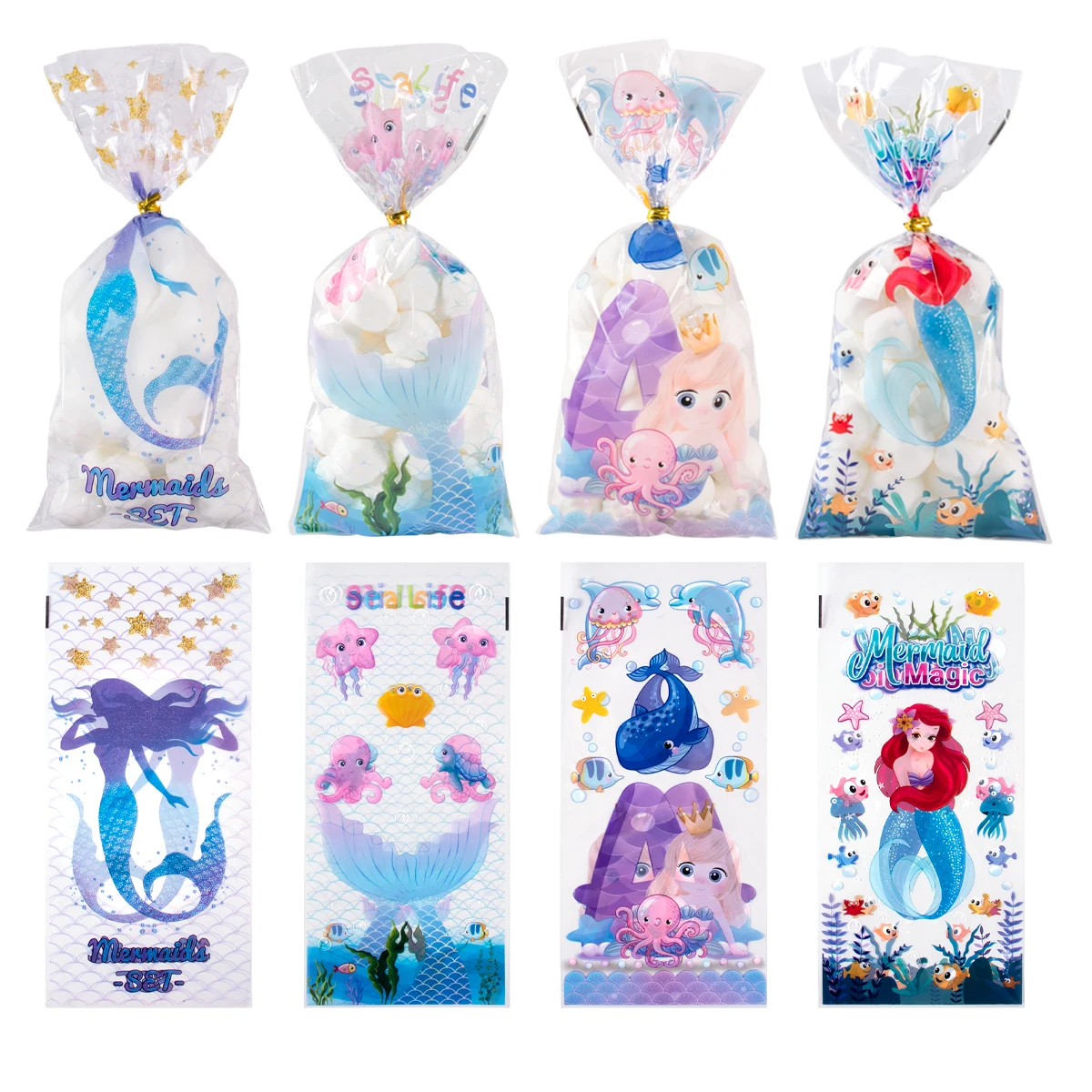 

50pcs Mermaid Clear Gift Bags Unicorn Dinosaur Candy Biscuit Bags Theme Birthday Party Decoration Kids Girl Baby Shower Supplies