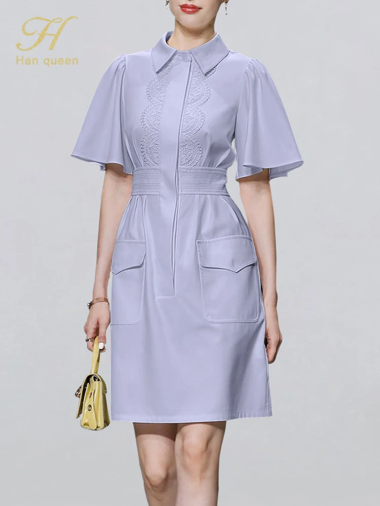 

H Han Queen Summer Pocket A-Line Shirt Dresses Women Slim OL Work Casual Party Dress Elegant Simple Series Office Lady Vestidos