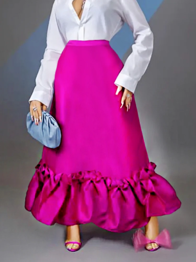 

Fuchsia Skirts for Women Empire Floor Length Summer Office Lady Evening Party Cocktail Large Size Ruffles Long Skirt 4XL 2023