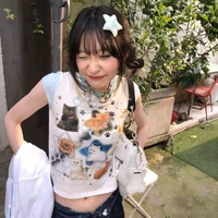 y2k t shirt kawaii cat print short sleeve women aesthetics anime patchwork crop top harajuku tee shirts vintage clothes korean
