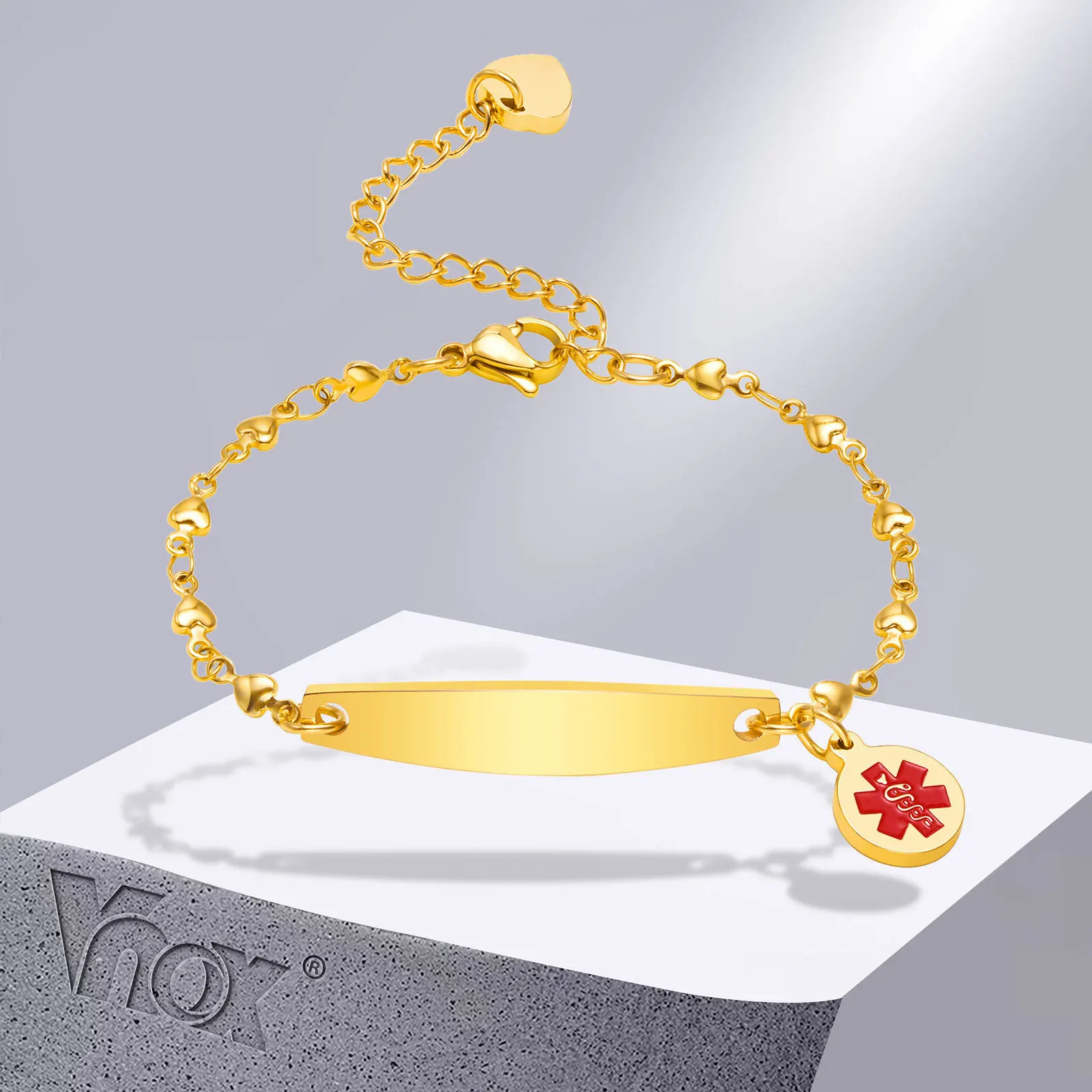 Медицинские браслеты Vnox для женщин с бесплатной гравировкой, женский браслет с подвеской, браслет из нержавеющей стали с аллергией на заказ...