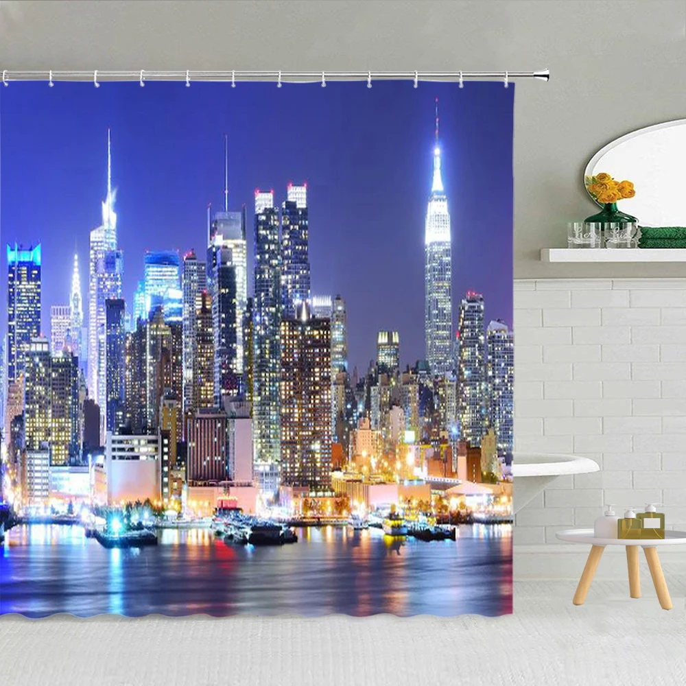 

Shower Curtain Golden Gate Bridge Architecture Landscape Bathroom Decor Cloth Curtains With Hooks Washable 3D City Night Scenery