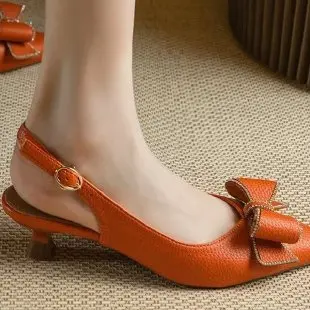 

Comfort Woman Low Heel Sandals Sweet Bow Rhinestone Pointy Toe Slingback Heeled Shoes Soft Leather Women Sandals Summer Shoes