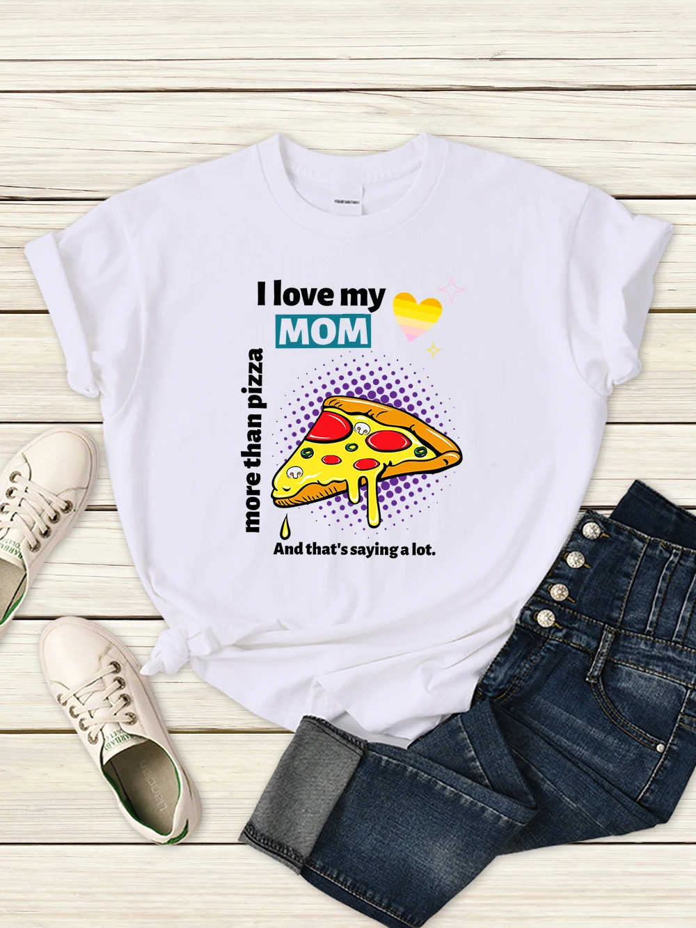 

I Love My Mom More Than Pizza Women Tshirt Street Hip Hop Vintage Short Sleeve Sport Cute Clothing Summer Breathable T Shirt