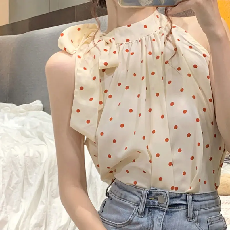 

French Gentle Style Sleeveless Hanging Neck Dress Women's Design Sense Summer 2021 New Polka Dot Small Shirt