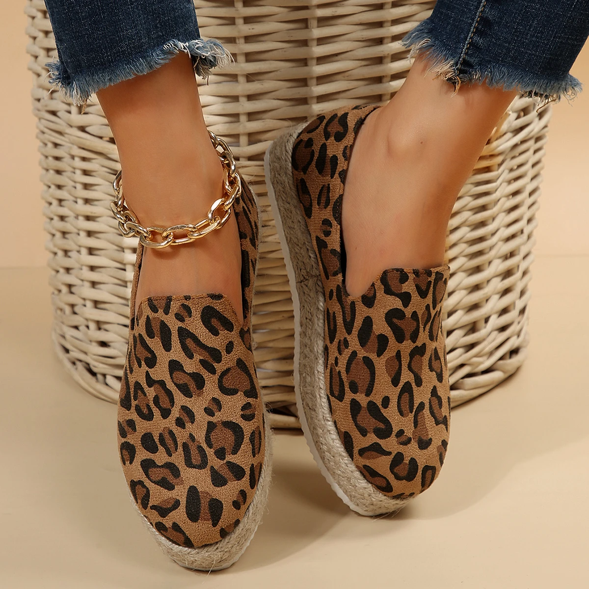 Лоферы женские холщовые с леопардовым принтом Нескользящие дышащие без застежки