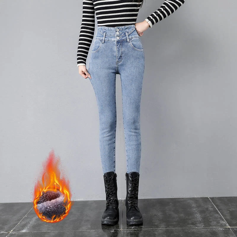 

Winter Mid Waist Skinny Warm Jeans Women Velvet Ankle Length 2022 Casual Thick Pencil Pants Basic Fleece Denim Trousers