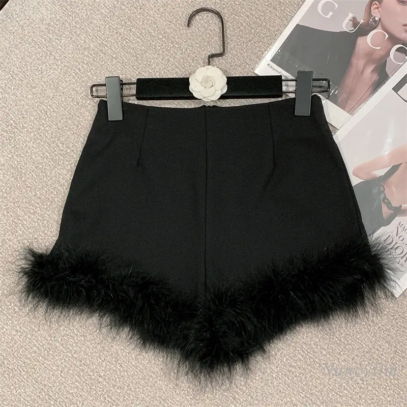 2023 Spring and Summer New Sexy Slim Hip Fashionable Sweet Feather Burr Stitching High Waist Shorts Women White Black