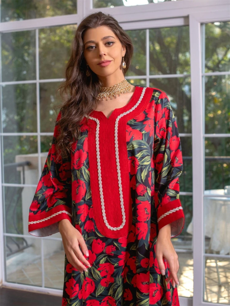 Abaya Dubai Turkey Muslim Hijab Dress Floral Printed Dress Luxury Diamonds V-neck Patchwork Long Sleeve Ramadan Clothes Spring