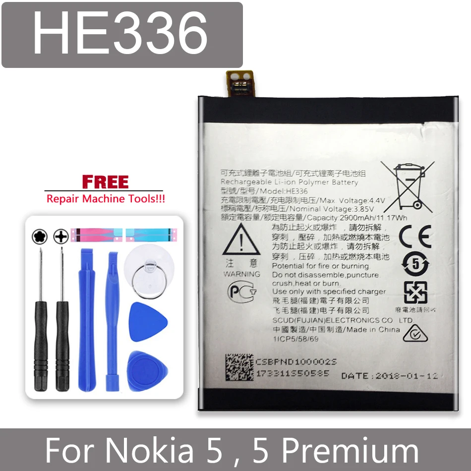 

Battery For Nokia 5 Dual SIM, 5 Premium Edition Dual SIM, HMD Heart, Nokia 5, TA-1044 Battery model 2900mAh HE336