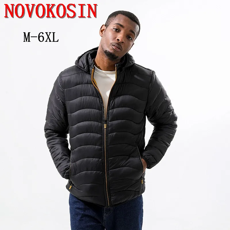 M-6XL Men's Cotton Padded Clothes Light Thin Hooded Long Sleeves Slim Jacket Male Winter Warm Spareribs Coat With Removable Hat