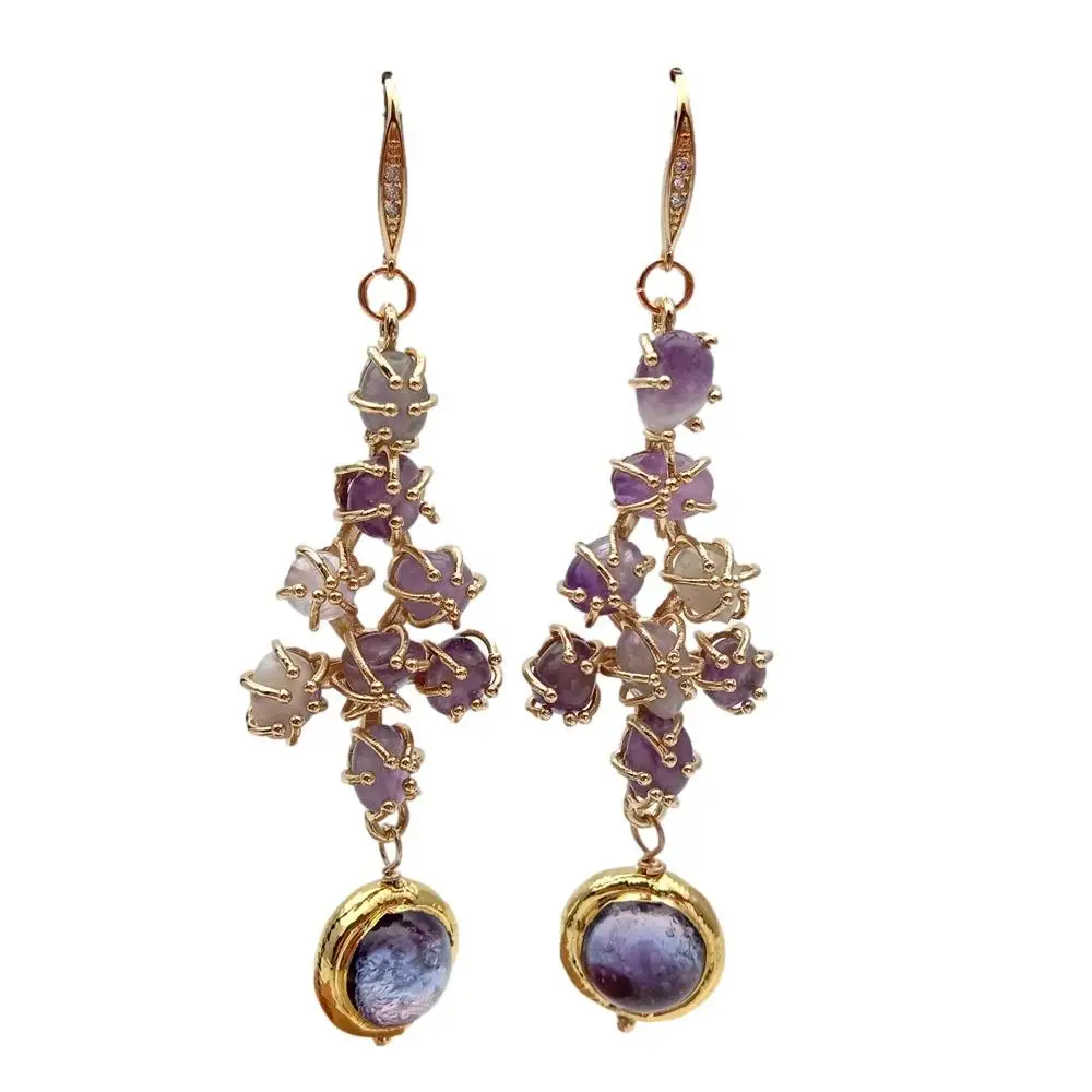 

Y.YING Natural Amethyst Earrings Gold Plated Hook Earrings Purple Murano Glass For Women