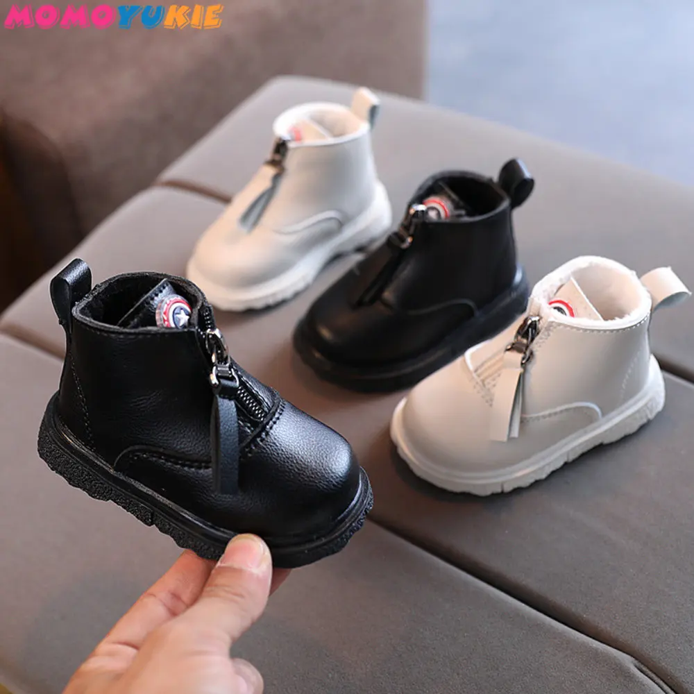 New Winter Children Fashion Shoes Soft PU ZipperKids Short Boots Comfortable Warm FlushBooties Boys Baby Leather Boots Girls