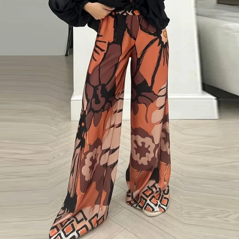 

Fashion Elastic High Waist Wide Leg Pants Summer Women Streetwear Printed Office Long Pants 2023 Bohemian Loose Beach Trousers