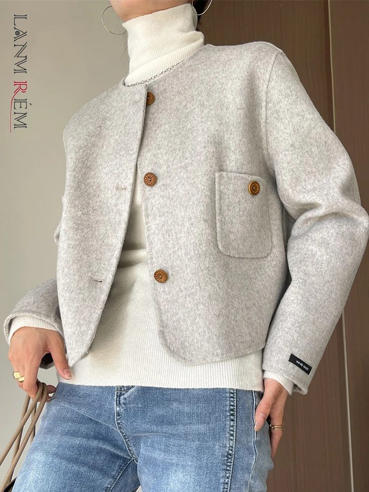 

[LANMREM] High End Wool Jackets For Women Solid Round Neck Single Breasted Long Sleeve Elegant Female Coat 2023 Autumn New 26D46