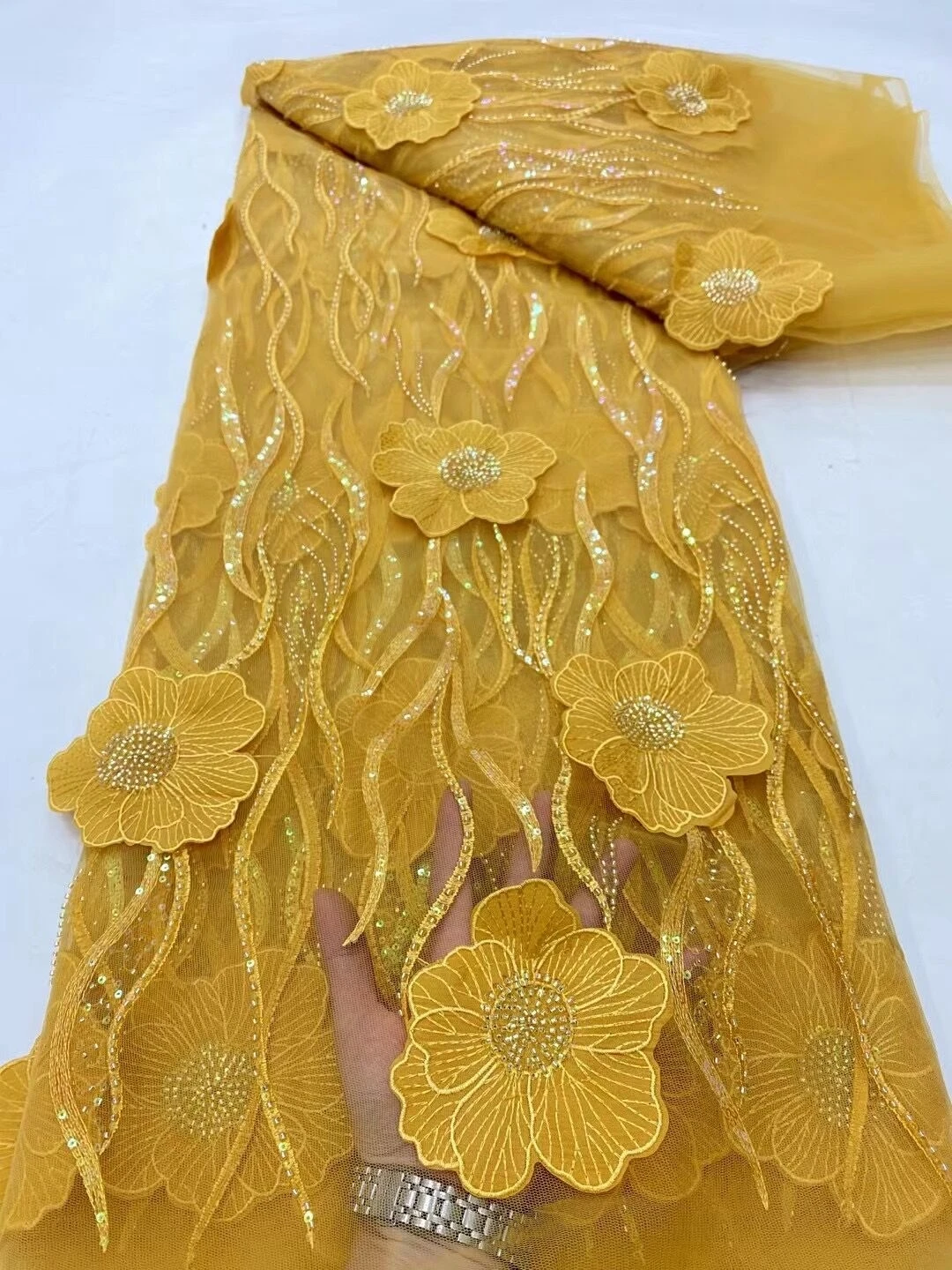 Нигерийская африканская кружевная сетчатая ткань с блестками и бисером вышивка