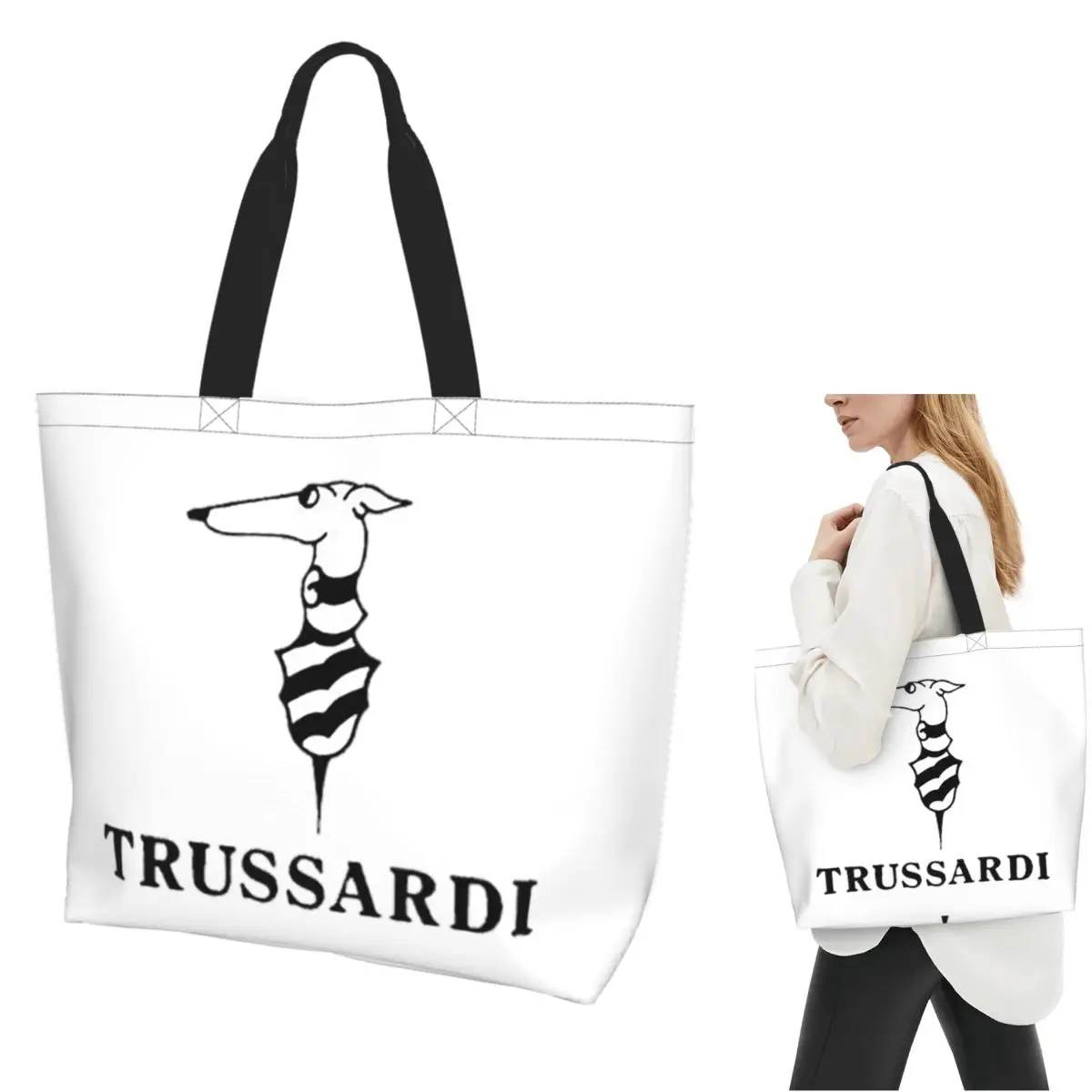 Фото Сумка-шоппер с логотипом Trussardis, холщовая сумка через плечо большой вместимости, сумка-шоппер для покупок, женская сумка для продуктов №1