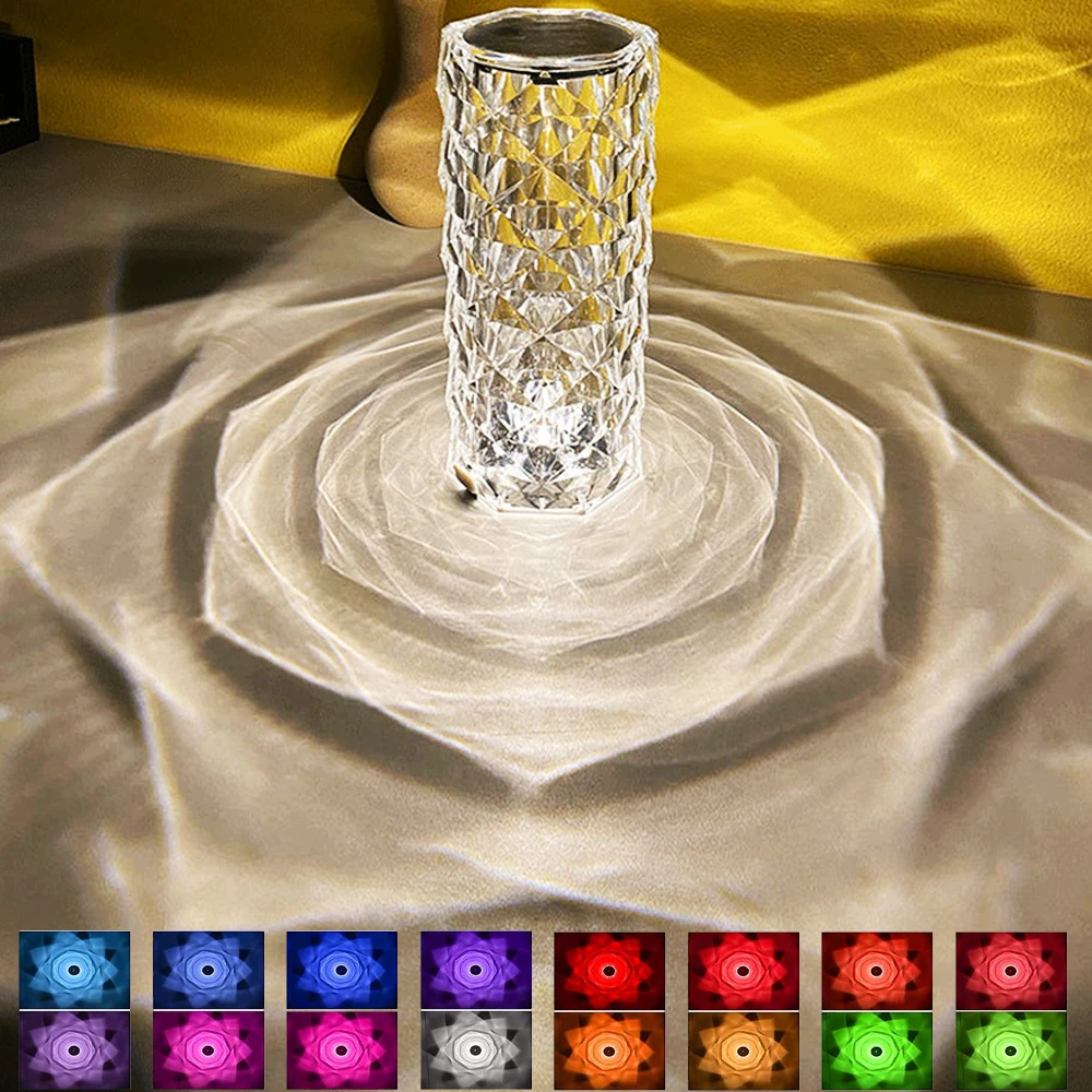 

Crystal Lamp Touch Control Table Night Light Glass 16 Color RGB Rose Effect Changing For Party Room Decor Christmas Gift