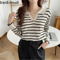 iranermudi casual loose women striped pullover lady knitted long sleeves sweater spring autumn 2022 chic kroean jumpers new