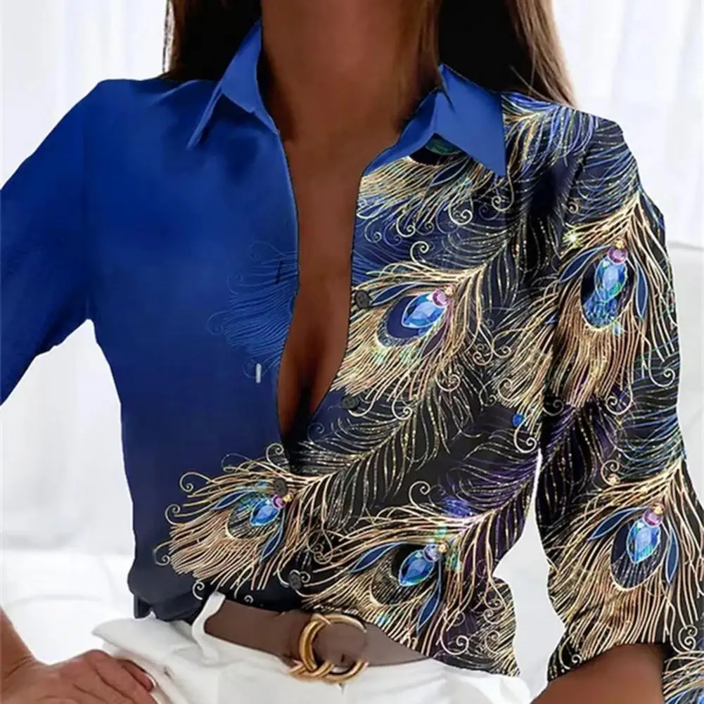 

Женская весенне-осенняя рубашка, модная женская рубашка с длинным рукавом и принтом из искусственных драгоценных камней и перьев, стильный отворот на весну