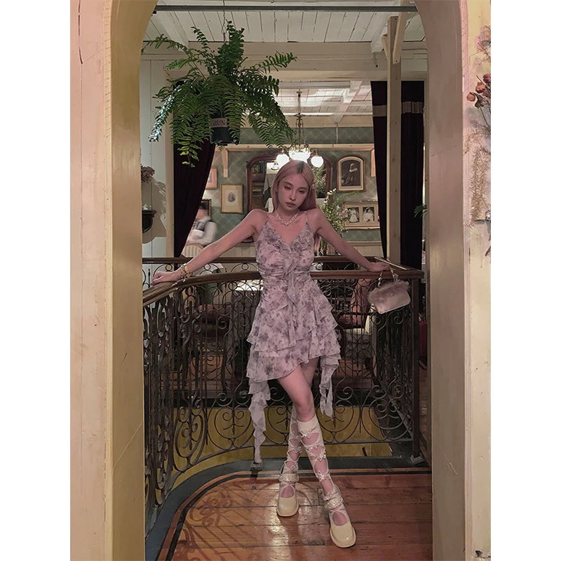 Милое цветочное мини-платье женские корейские платья на бретелях-спагетти с