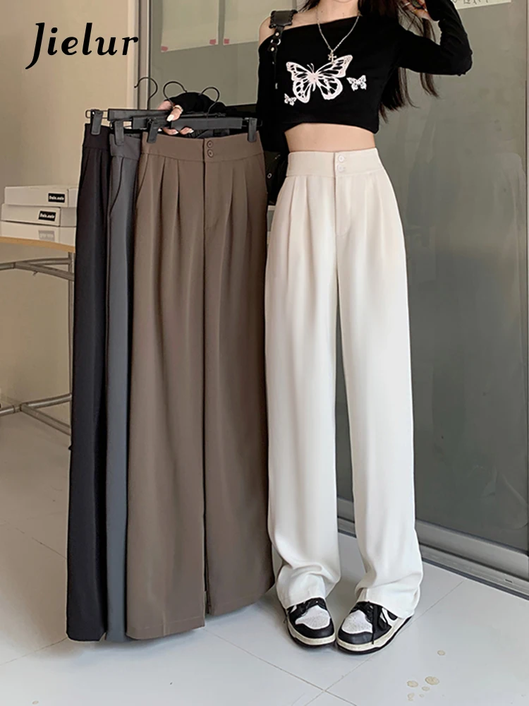 

Jielur Autumn Loose Suit Pants Fashion Two Buttons Wide Leg Pants Simple Black Apricot Casual Women Trousers Korean New S-4XL