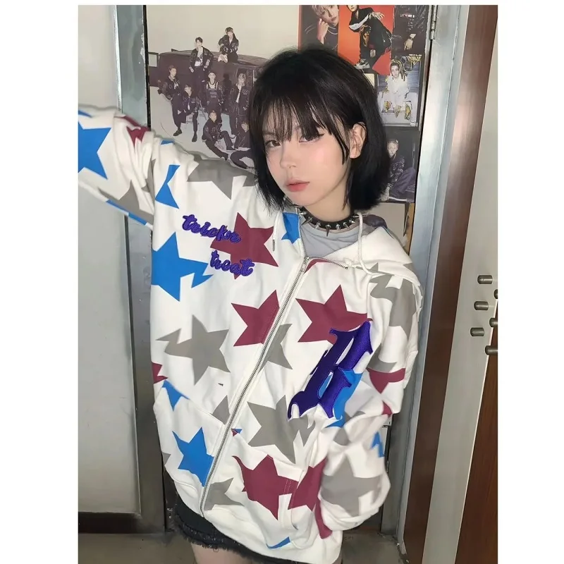 

Star Graphics print Zip Hoodie Y2K Sweatshirt Aesthetic Goth Punk Long Sleeve hoodie loose thin coat jacket tracksuit vintage