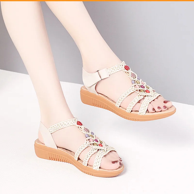 Women's Sandals Large Size2023New Soft Leather Mid Heel Beach Shoes Fashion Wedge Heel Flat Maternity Sandals Women Women Shoes