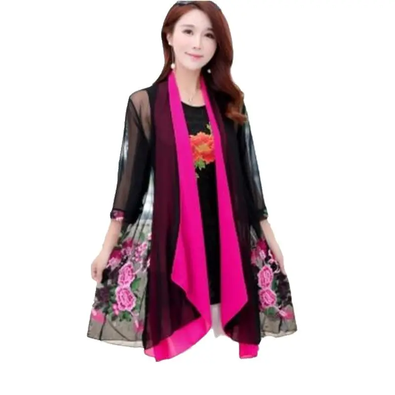 

Retro Summer Clothes NEW Net yarn Embroidery Shawl Cardigan coat Women Loose size Loose coat Sunscreen shirt Thin Shawl coat