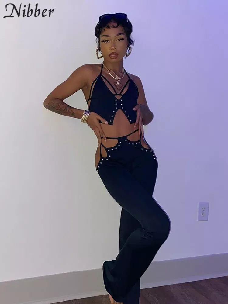 

Nibber Fashion Solid Color Sexy Two-Piece V-Neck Sleeveless Suspenders + Hollow Straight-Leg Pants For Women Go Out Street Wear