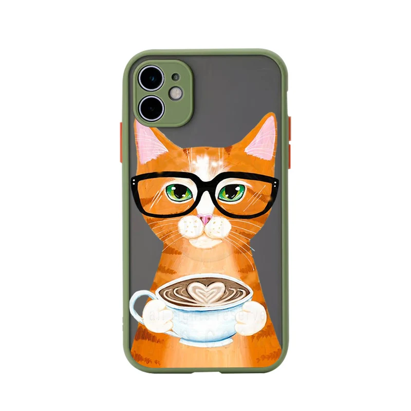 

FHNBLJ Coffee Cat Phone Case for iPhone X XR XS 7 8 Plus 11 12 13 pro MAX 13mini Translucent Matte Case