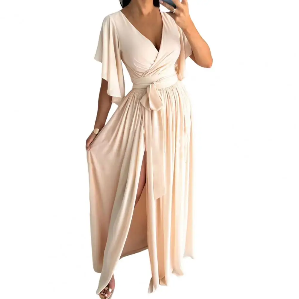 

Elegant Solid Party Dresses V-neck Flared Sleeve High-Waist Evening Dress Waist Lace-up Side Split Hem Long Dress Party Clothing
