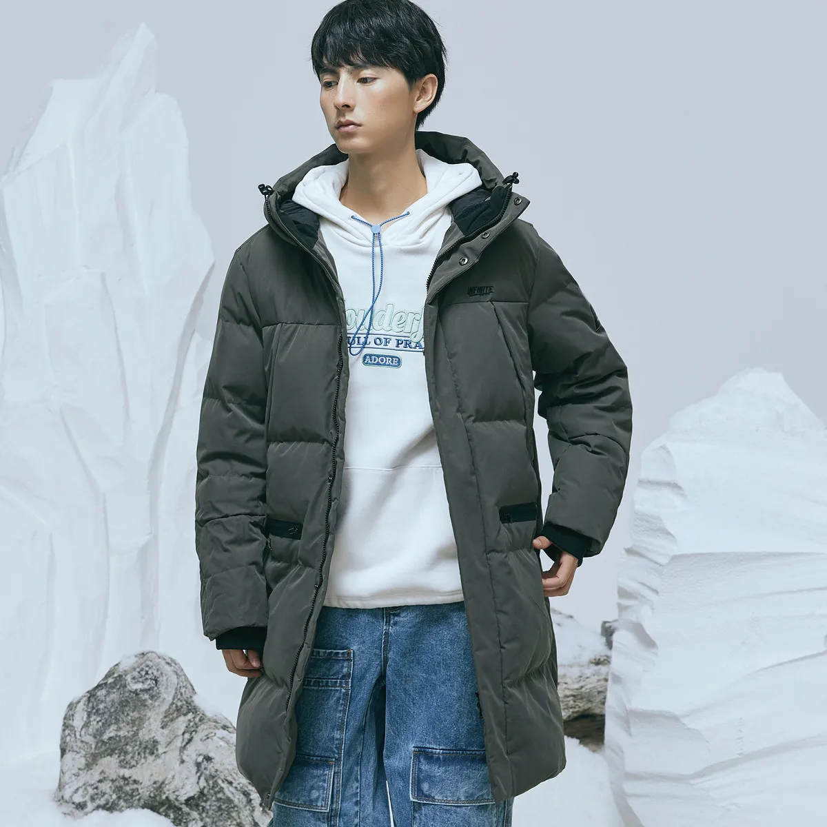 Metersbonwe Men's Polar Chunky Long Hooded Down Jacket Loose 80%Duck Down Thick Winter Warm Wear Hot Sale Windproof Down Jacket