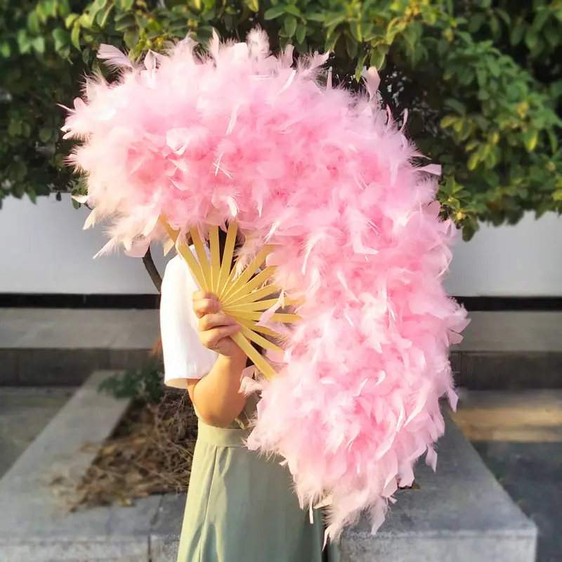 

70*40cm Large Pink Feather Fan Photography Props Stage Performance Dance Fan Lolita Feather Folding Fan Wedding Party Decoration