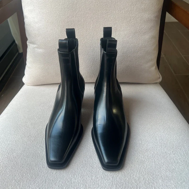 

2023 Winter Luxury Brand Genuine Leather Ankle Boots For Women Slip On High Heels Women Boots Fashion Square Toe Chelsea Boots.