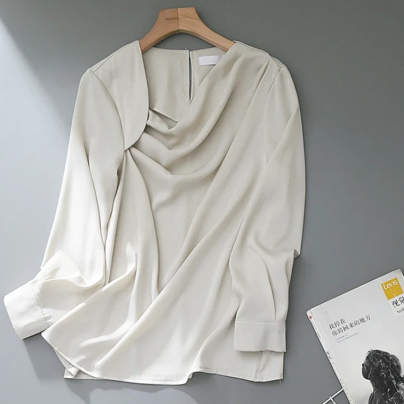 Блузка Женская атласная с длинным рукавом винтажная Однотонная рубашка в