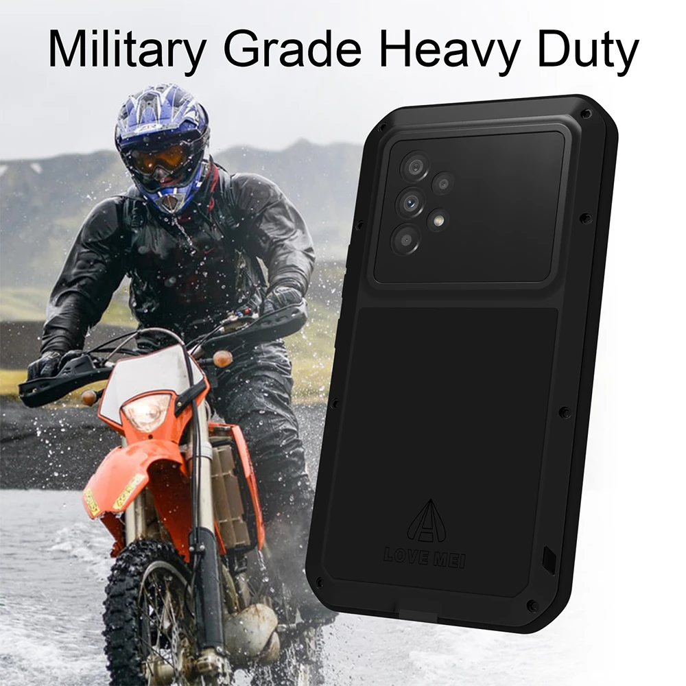 LOVE MEI For Galaxy A54 Metal Armor Case A34 A53 A72 A52 A71 A51 A52s A42 Military Grade Silicone Cover Built-in Glass Protector