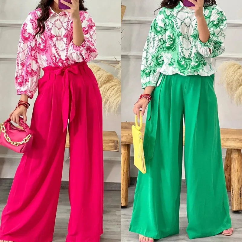 

Wepbel Women's Shirt Tops Long Sleeve Floral Printed Pants 2 Piece Sets Outfits Lace-up Wide-Leg Pants Fashion Casual Trousers