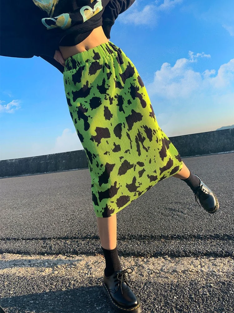 

Женская юбка с эластичным поясом, повседневная зеленая юбка с леопардовым принтом, в Корейском стиле, весна-лето 2023