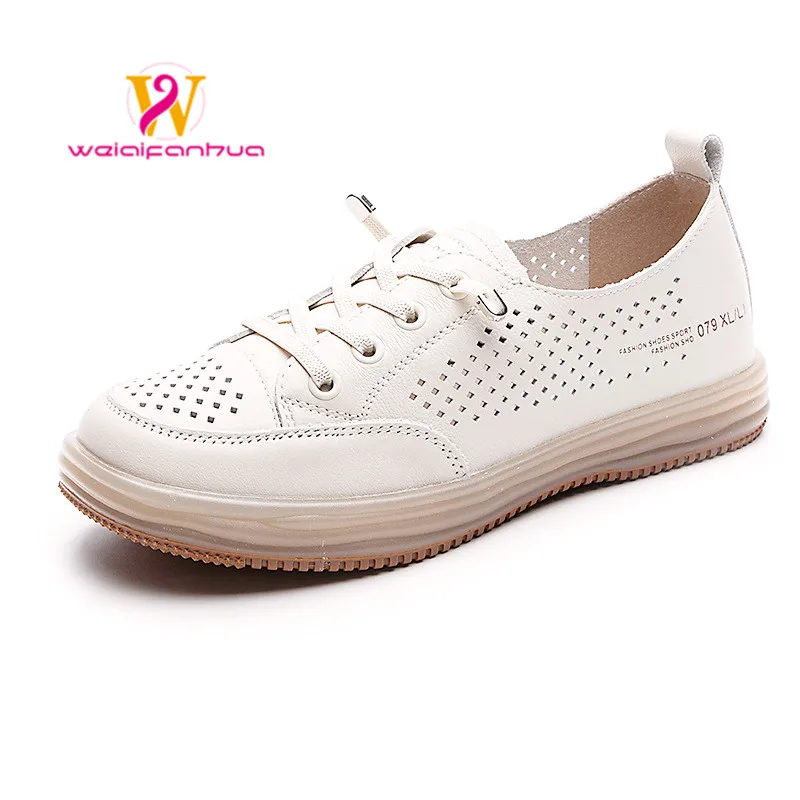 Women's Shoes Platform Sneakers Flat 2023 New Head Layer Cowhide Openwork Ventilable Hole Shoes Small White Shoes Loafers