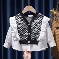 fashion korean loose little girls fashion plaid long sleeve shirt set blouse cute white long tops autumn children costume
