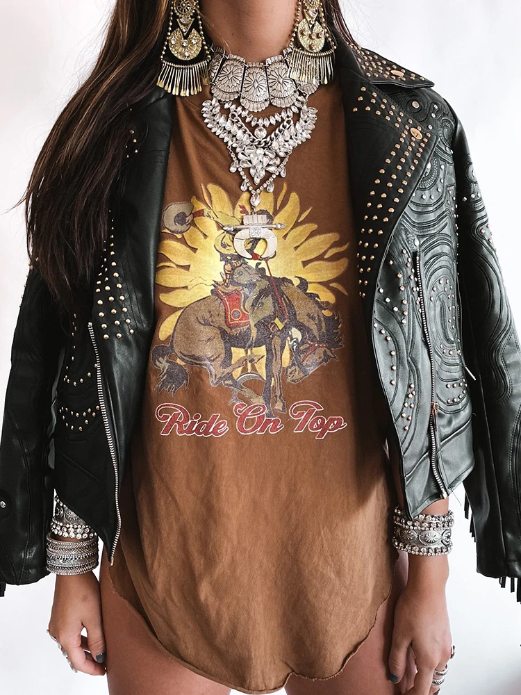

Ride on Top Cowboy Printed Women Side Slit T Shirt Short Sleeve Drop-shoulder Vintage Shirt Summer Loose Plus Size Tees Tops