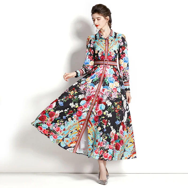 

Designer Single Breasted Holiday Maxi Dresses Women's Elegant Lapel Long Sleeve Autumn Floral Print Long Party Dress Belt Robe