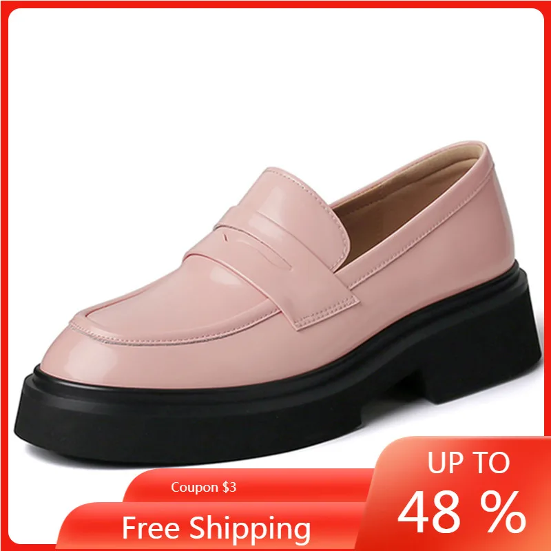 

ENMAYER Shoes Women Hot 2023 New Genuine Leather Novelty Shoes Woman Slip on Ladies Loafers Pumps Chunky Platform Dress Shoes