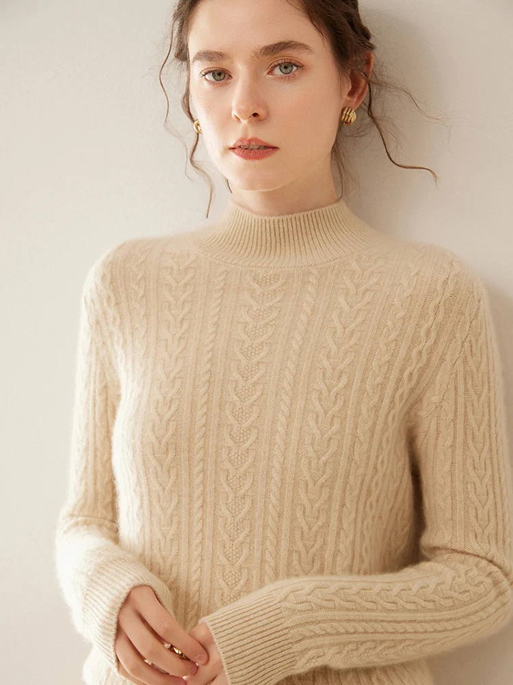 Витой двухрядный утолщенный кашемировый свитер женский с полувысоким